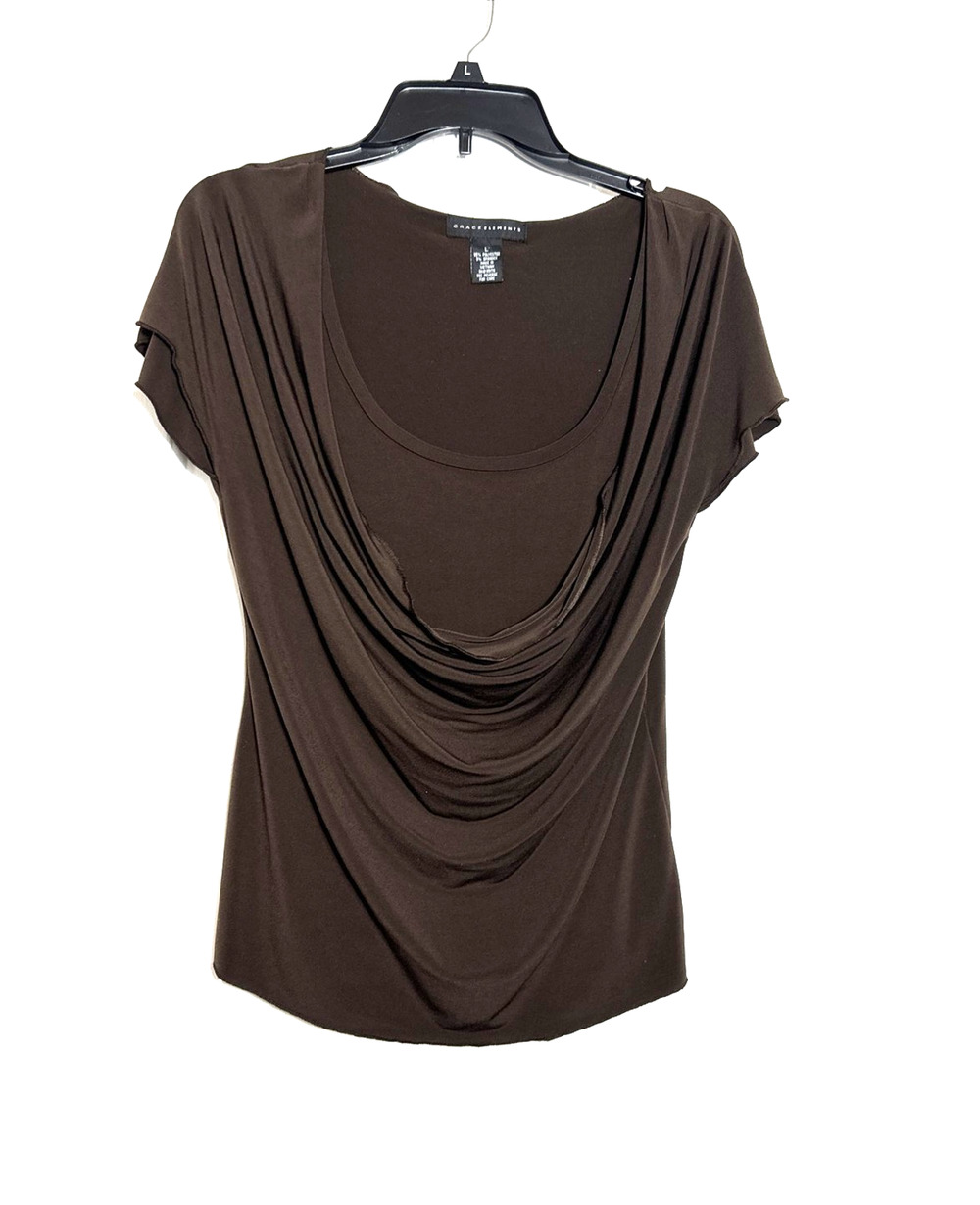 Grace Elements Womens Top Chocolate Brown Waterfall Neck w Tank Under Flowy L